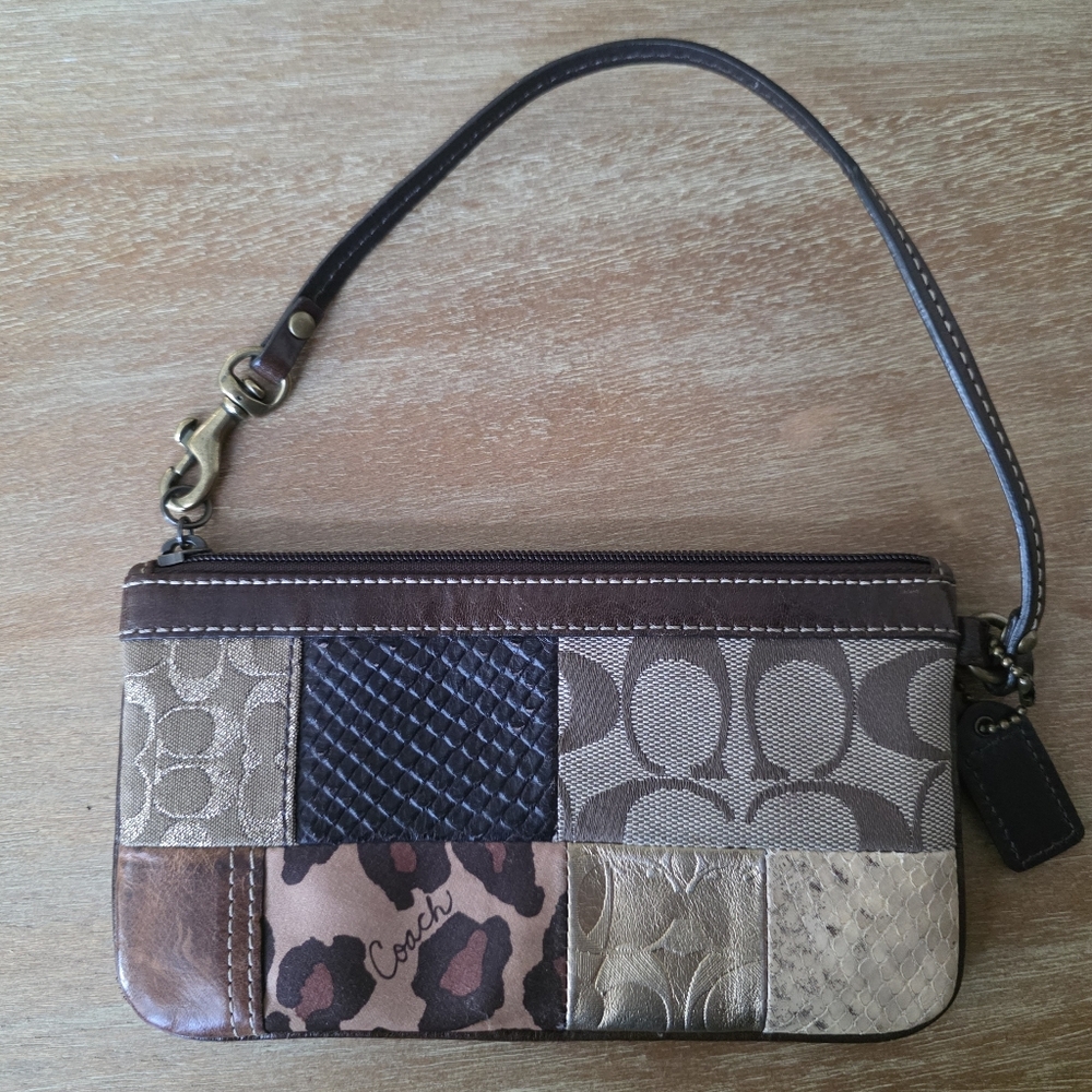 Coach Multicolor Patchwork Wristlet With Leather Strap And Brass Hardware